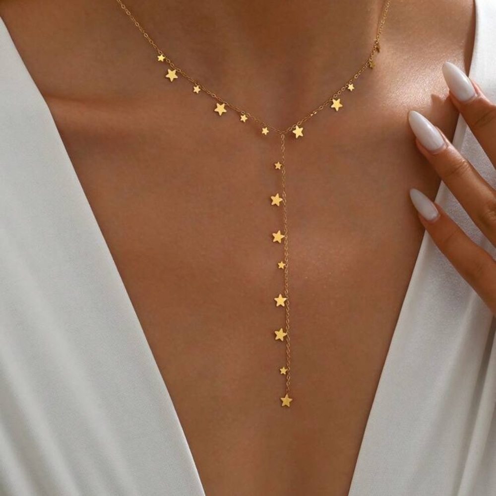 18K Gold Plated Stainless Steel Star Y-Shaped Necklace – Trendy Fashion Jewelry